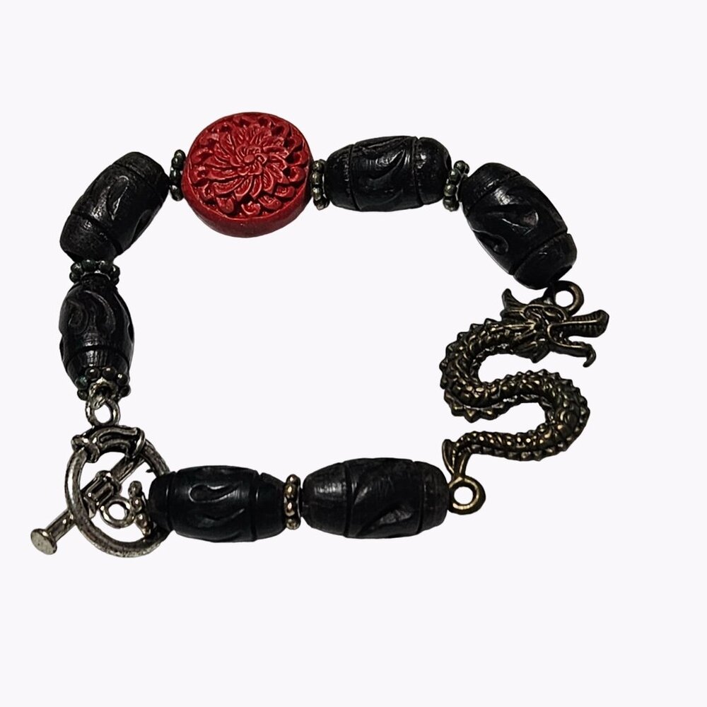 Chinese Dragon Bracelet Red Flower Black Beads Toggle Clasp Fashion Jewelry